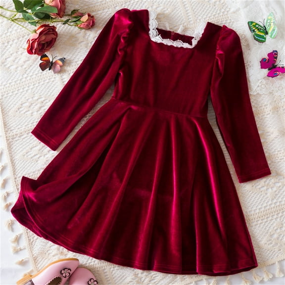 NAISIBABY Girls Princess Dress, Square Neck Long Sleeve Ruffled Lace Casual Elegant Dress Red 7-8T