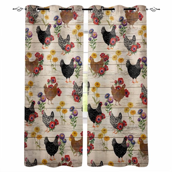 Farmhouse Rooster Blackout Curtains for Bedroom Living Room Darkening Curtains 63 Inches Long Vintage Watercolor Flowers Wood Grain Window Curtain 2 Panels Set Window Treatment Grommet Drapes 42"x63"