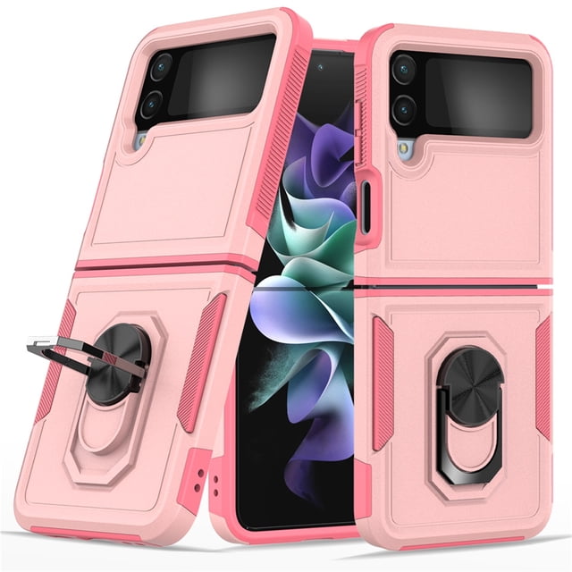 Heavy Duty Case for Samsung Galaxy Z Flip 4, Full Body Case with 360° Rotation Metal Ring Holder Kickstand Rugged Shockproof Anti-Scratch Case,Pink