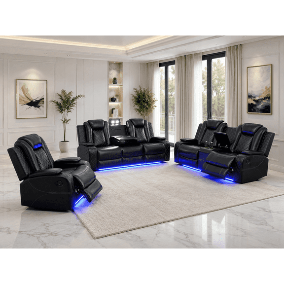 Saxum Tegmen Modern Power Recliner Sectional Sofa Set with LED Lights, Leather Living Room Furniture Set, Reclining Couch for Home Theater & Office