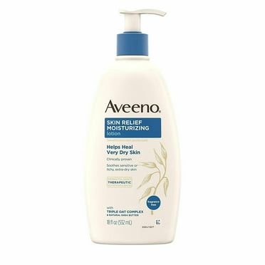 Aveeno Skin Relief 24-Hour Moisturizing Lotion for Sensitive Skin with Natural Shea Butter & Triple Oat Complex, Unscented Therapeutic Lotion for Extra Dry, Itchy Skin, 18 fl oz