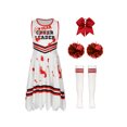 thumbnail image 3 of Oyolan Girls Zombie Cheer Leader Fancy Dress 4 Piece Set Sleeveless Bloody Dress Pompoms White Red 160cm, 3 of 5