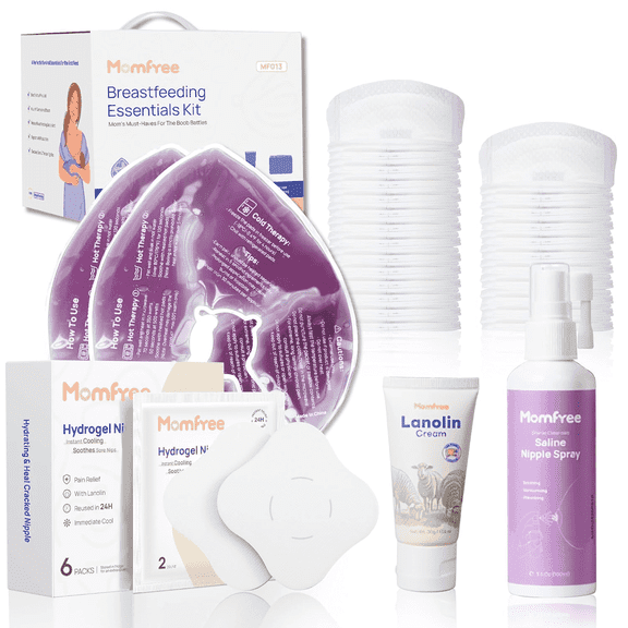 Momfree Breastfeeding Essentials Kit for Nursing Moms,60 Piece Gift Set with Reusable Hot and Cold Breast Therapy Packs,Hydrogel Nipple Pads,Nursing Pads