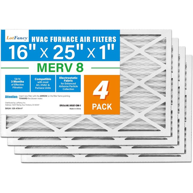 16x25x1 Air Filter MERV 8 Dust Defense (4-Pack) Pleated HVAC Furnace Air Filters, Replacement for Home AC & Heating Systems, Actual Size: 15.75" x 24.75" x 0.75"