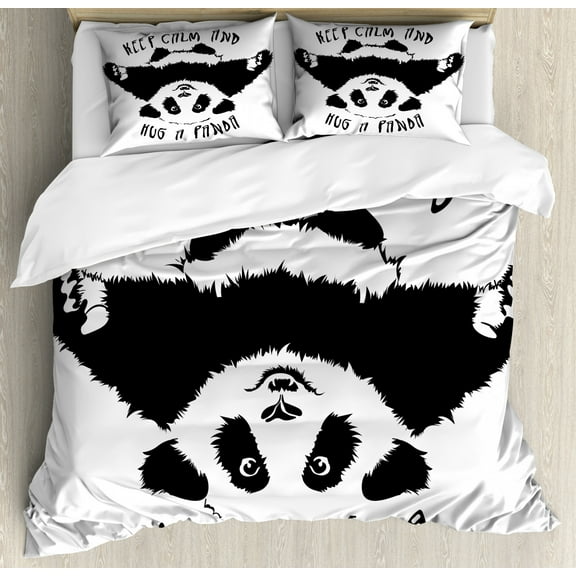 Black and White King Size Duvet Cover Set, Funny Animal Mascot "Keep Calm and Hug a Panda" Motivational Quote Art, Decorative 3 Piece Bedding Set with 2 Pillow Shams, Black White, by Ambesonne