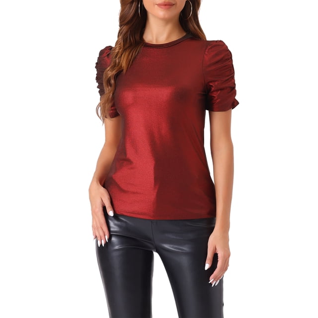 Camiseta casual de mujer con brillo, cuello redondo, mangas abullonadas y diseño retorcido, talla XL, color rojo oscuro