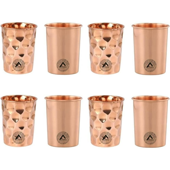 Copper Glasses Drinking Water Set of 8 Ayurvedic Health Tumblers Copper Cups 10.14 Oz (300 ml) Diamond Plain