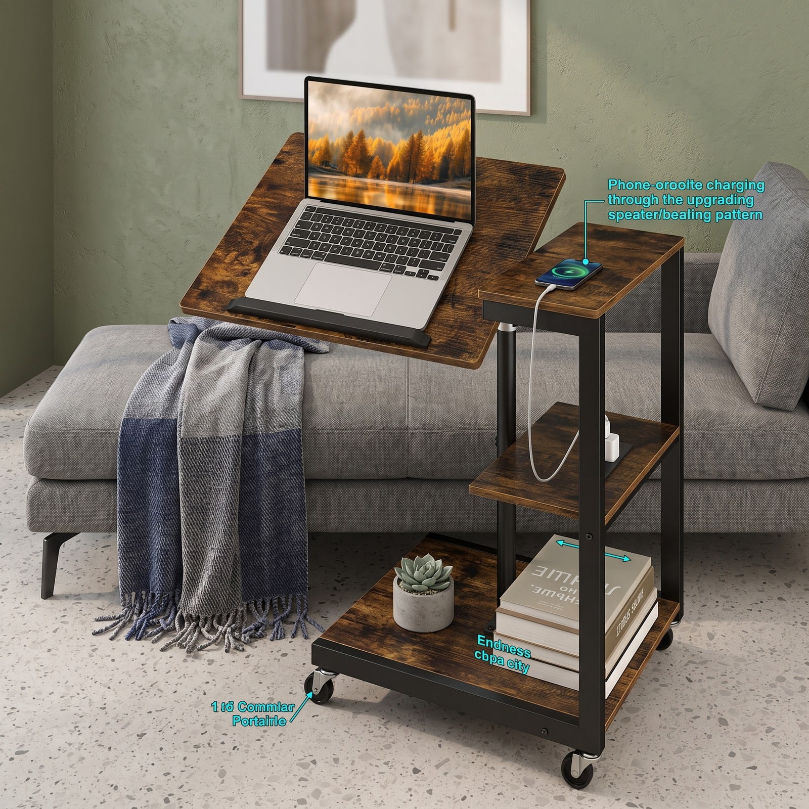 Furnibear 3-Tier Mobile Couch Side Table Set of 2 with Charging Station, Height Adjustable C-Shaped Sofa End Tables with Tiltable Tabletop, 2 AC, Rustic Brown & Black