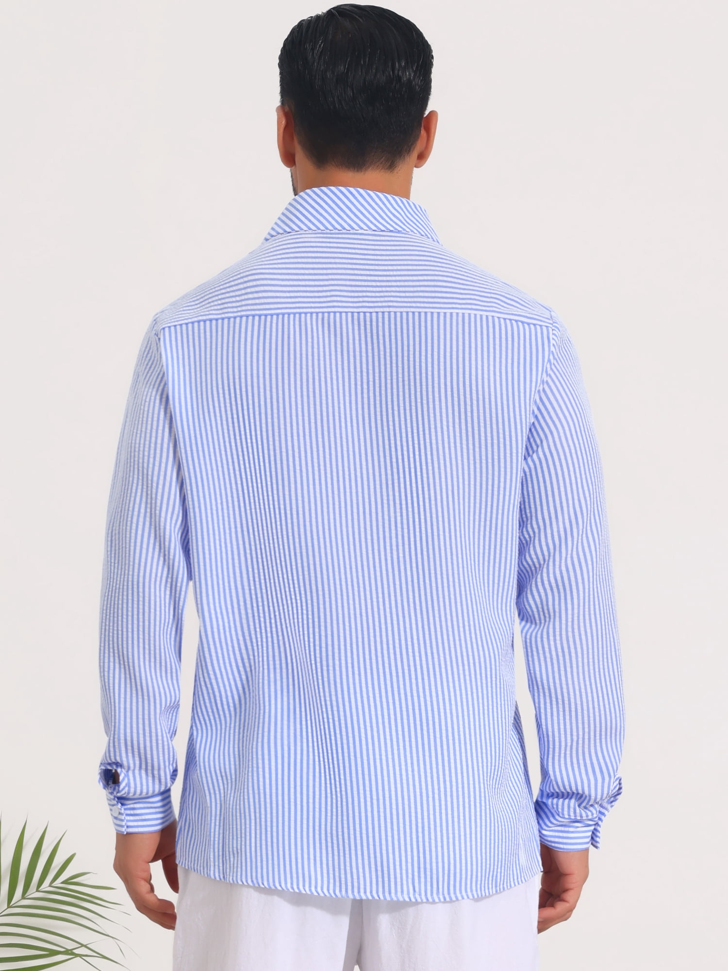 DARING DIVA Men's Seersucker Long Sleeve Button Down Textured Striped Shirts L Blue