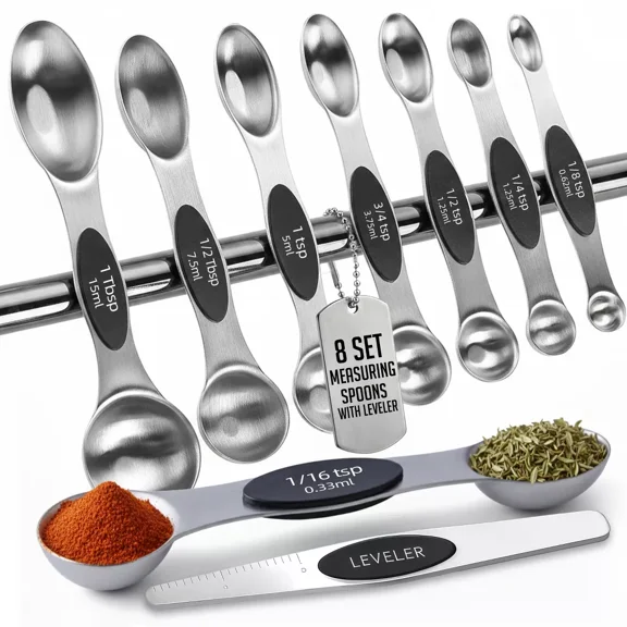 Magnetic Measuring Spoons with Leveler Set, Dual Sided Stainless Steel, Strong N40 Magnets Nesting Measuring Spoon for Baking & Cooking