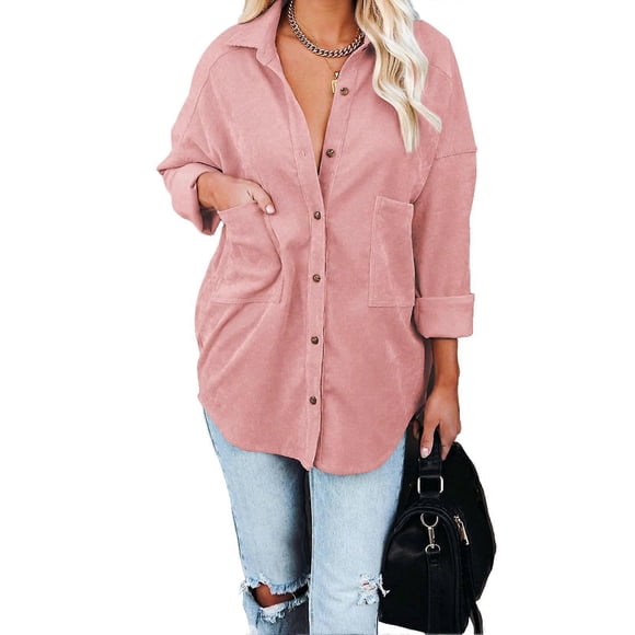 Women Button Down Jackets Corduroy Long Sleeve Shirt Pure Color Drop Shoulder Corduroy Jackets with Pockets