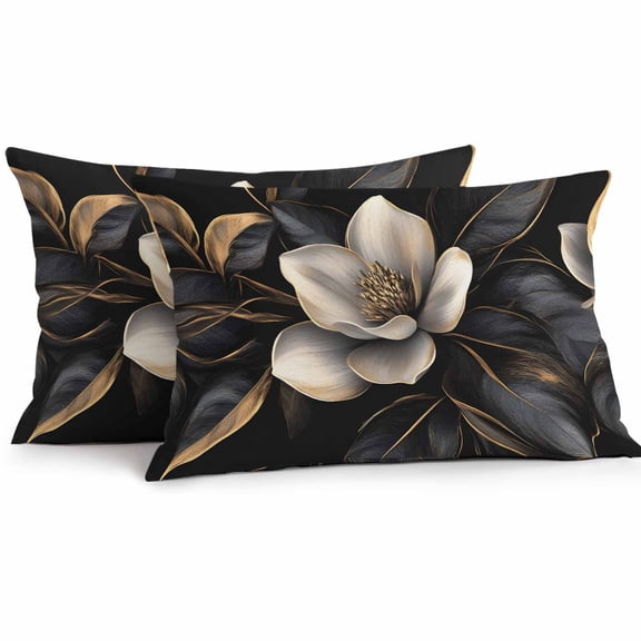 Black Gold Flower Waterproof Outdoor Throw Pillow Covers 12''x20'' Pack 2, Pillow Cases Throw Cushion Cover with Zipper, Gradient Luxurious Floral Botanical Washable Pillowcase for Poolside Sofa