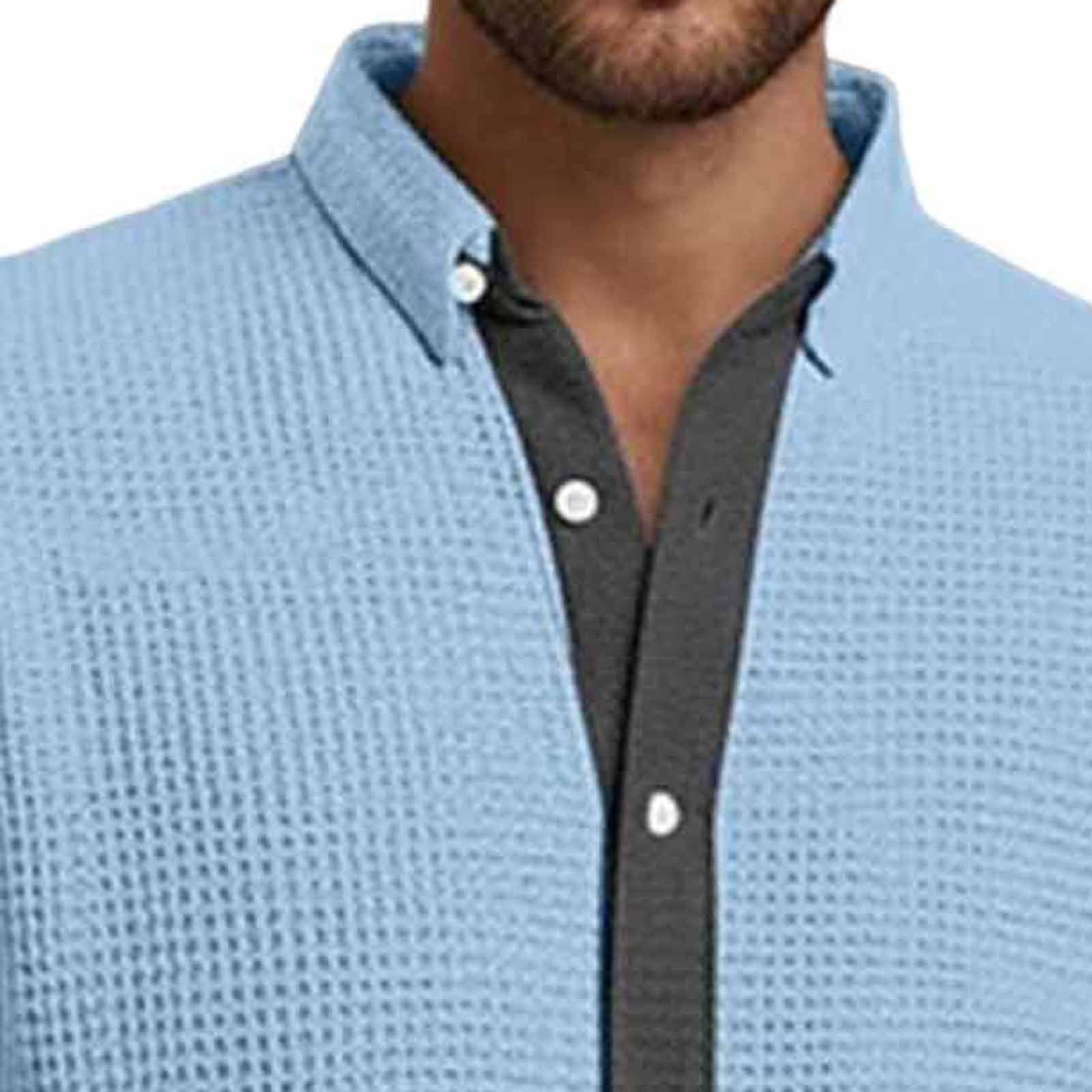Long Sleeve Shirts for Men, Men's Button Down Waffle Textured Shirt Casual Long Sleeve Lapel Neck Wrinkle Free Untucked Shirts Fashion Clothes