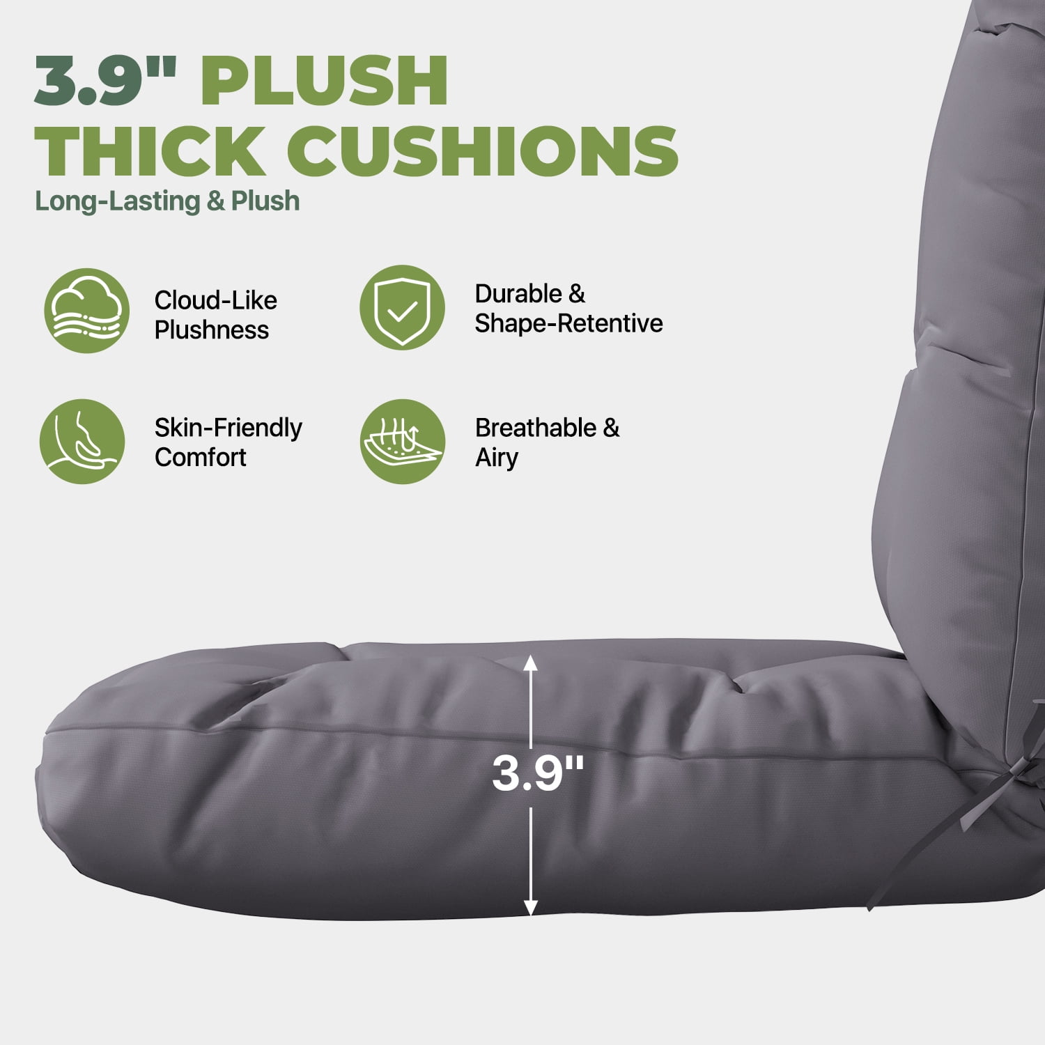 BaPiPro High Back Outdoor Chair Cushions Gray Set of 2 Water-Resistant Polyester with Ties No Assembly Patio Poolside