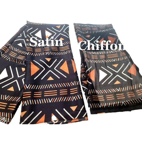 African Bogolan Ankara Wax Prints Fabric. Silk Satin & Chiffon- 6 Yards