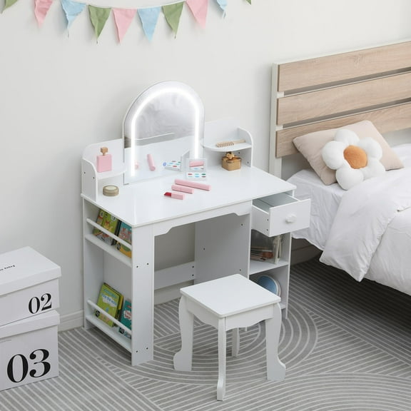 Kids Vanity with Lighted Mirror, 2 in 1 Little Girls Vanity Table & Stool, Kids Makeup with Bookshelf, Drawer & Open Shelves for 3-9 Yrs Girls,White