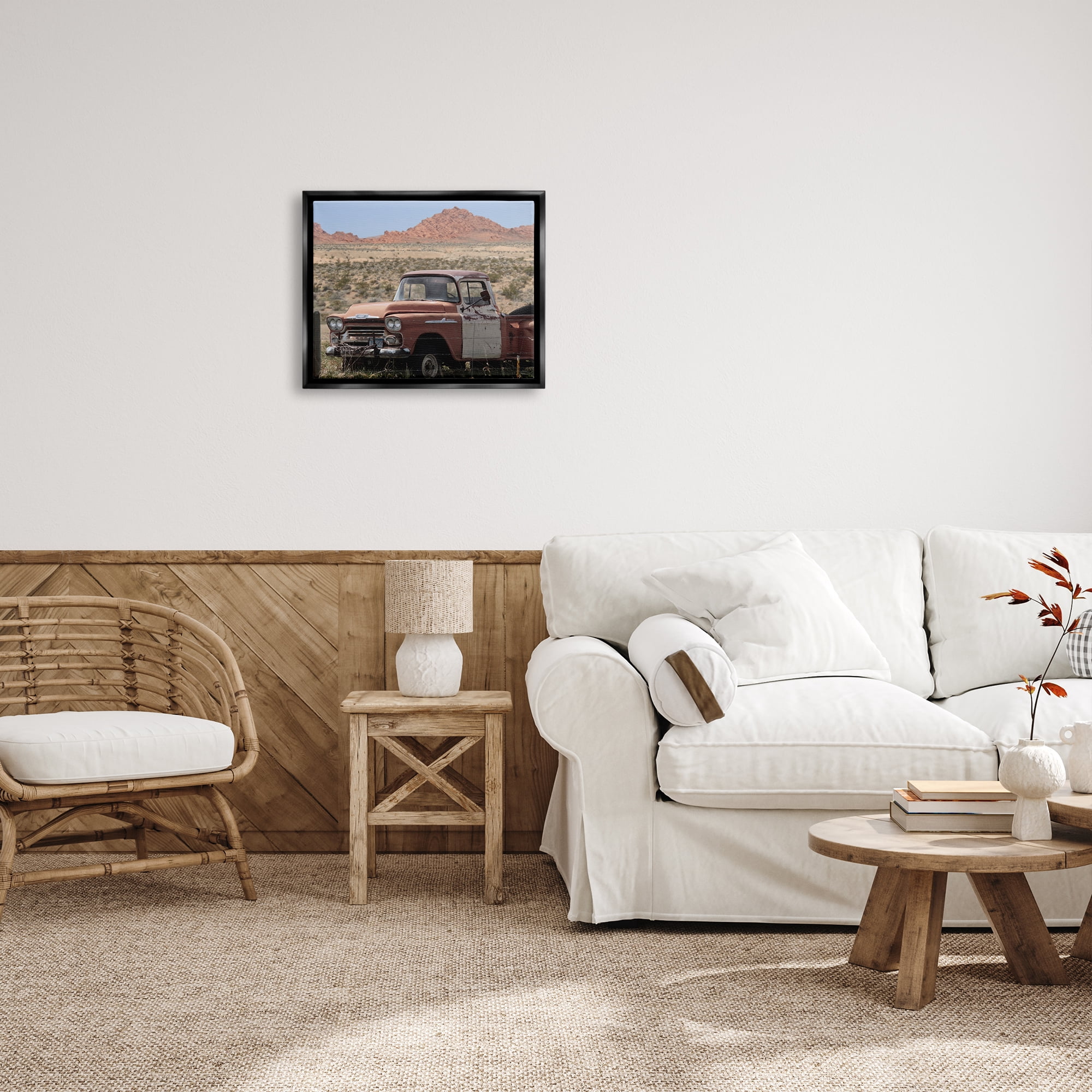 Stupell Vast Desert Mountains Vintage Truck Transportation Photography Black Floater Framed Art Print Wall Art