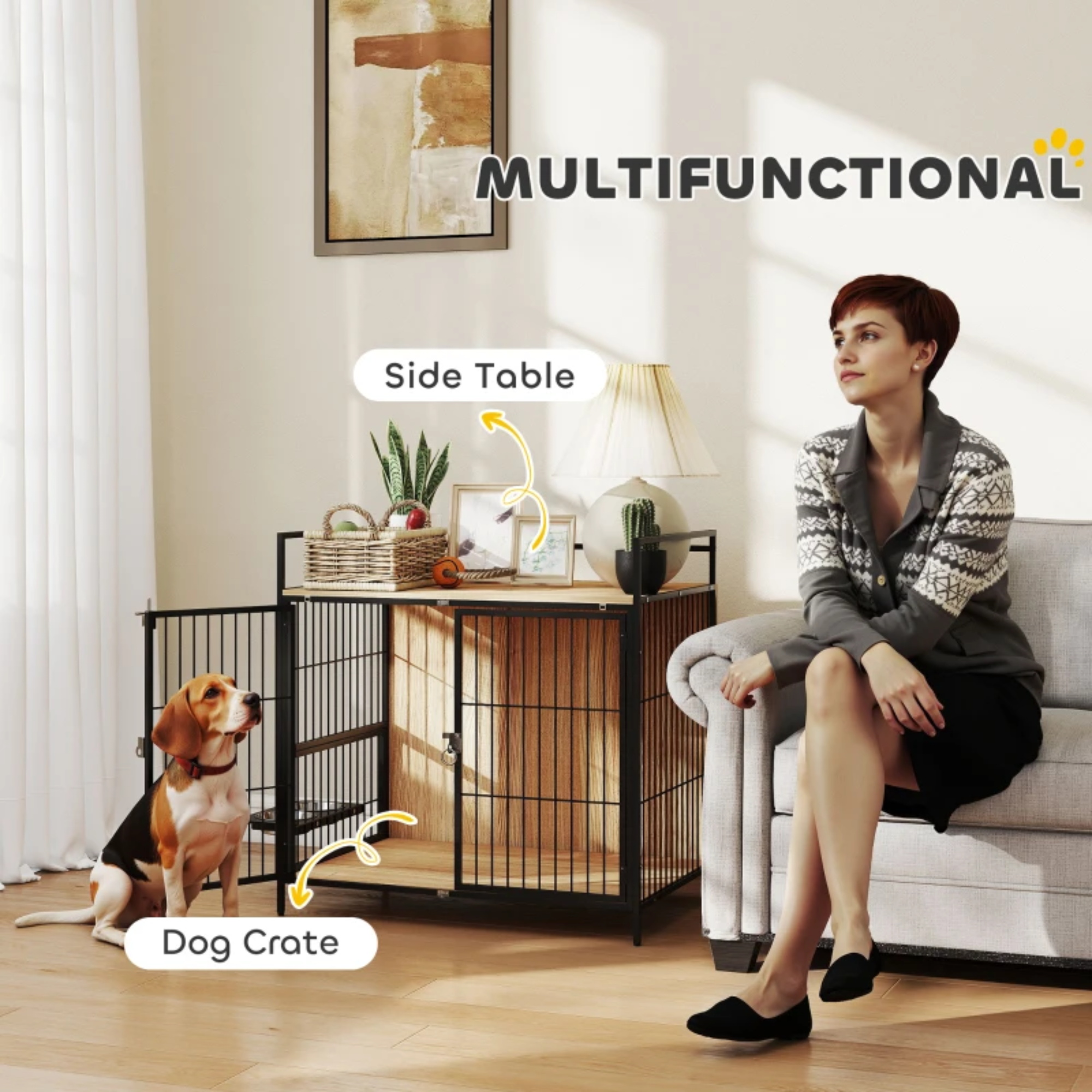 Pefilos 31" Furniture Style Dog Crate with Rotatable Feeding Bowl, 2 Anti-Escape Doors, Indoor Pet Kennel Dog Cage for Medium Dogs, Beige