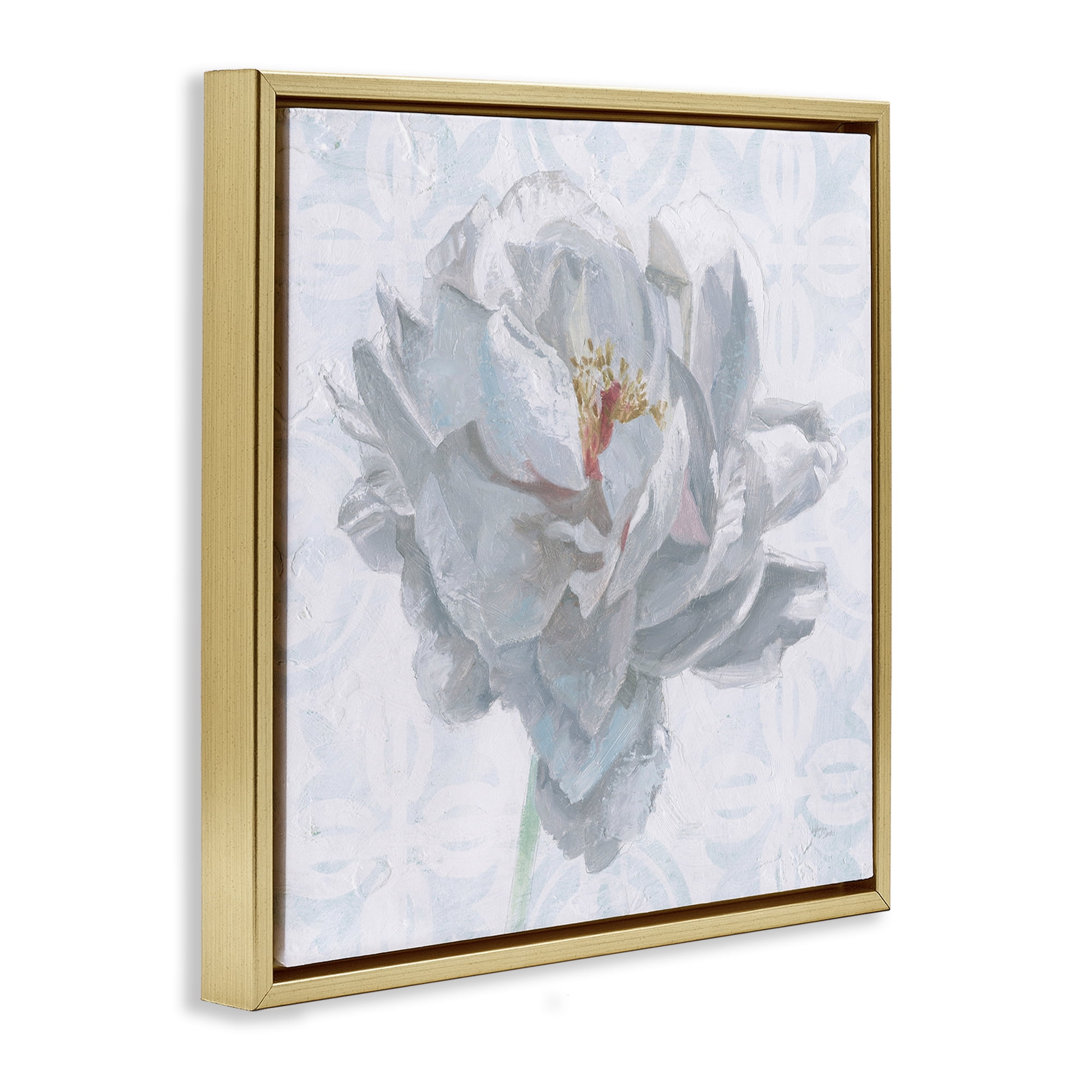Stupell Industries White Sublime Peony Botanical & Floral Painting Gold Floater Framed Art Print Wall Art, 18 x 18