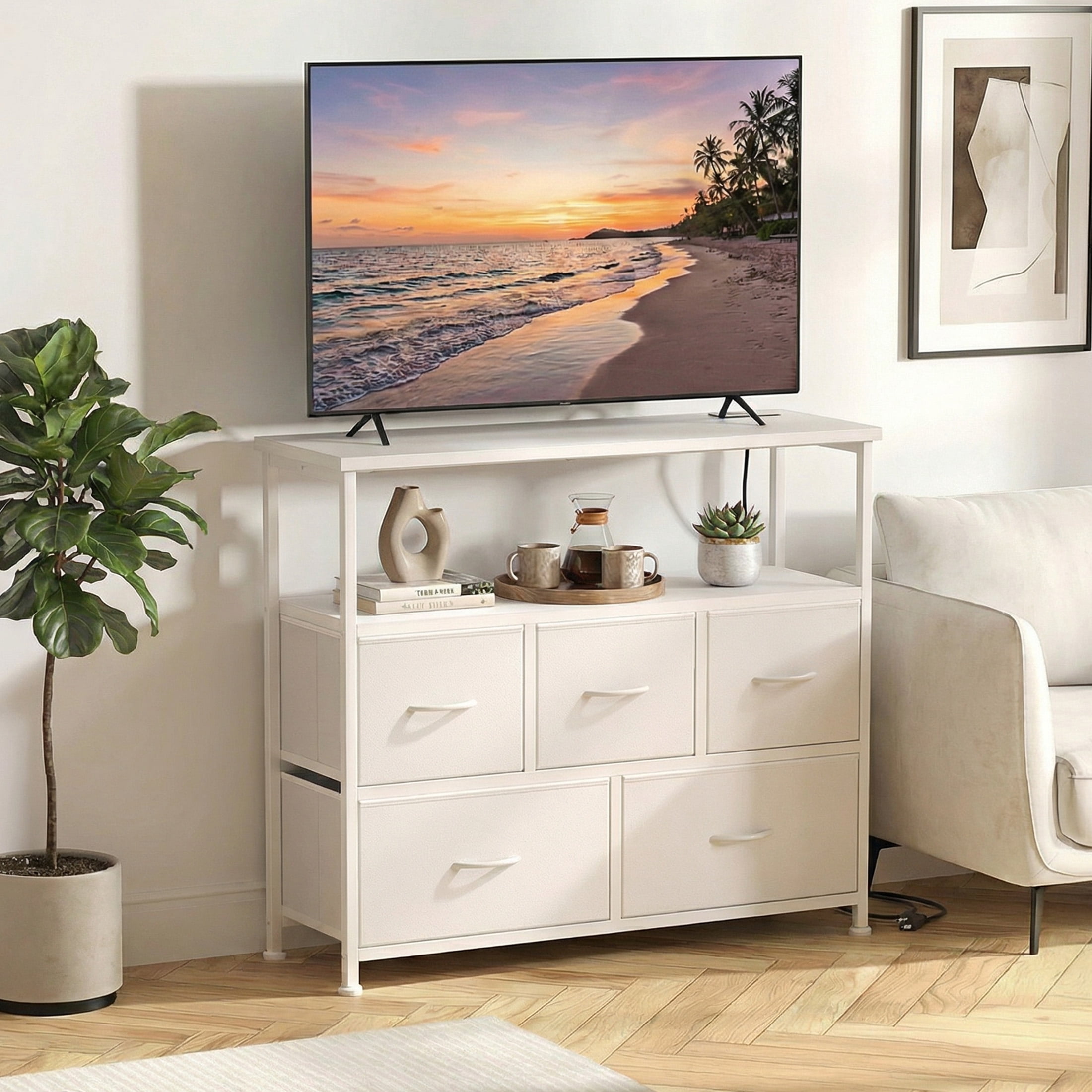 edx 5 Drawers TV Stand Dresser for 45" TV, Media Console with Charging Station & 2 Open Shelves, Storage Organizer for Bedroom Living Room, White