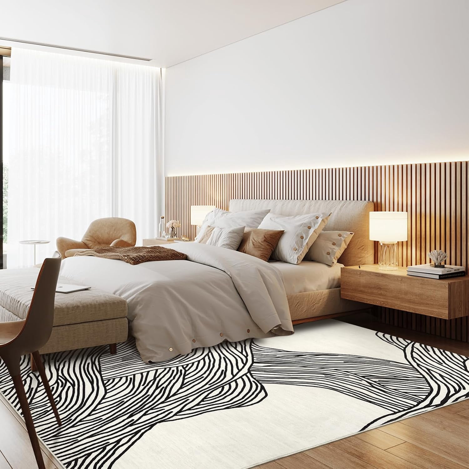 Area Rug Washable 6' x 9' Modern Abstract Rug with Non Slip TPR Backing, Soft Neutral Low Pile Non Shedding Carpet, Foldable Floor Covering for Living Room Bedroom