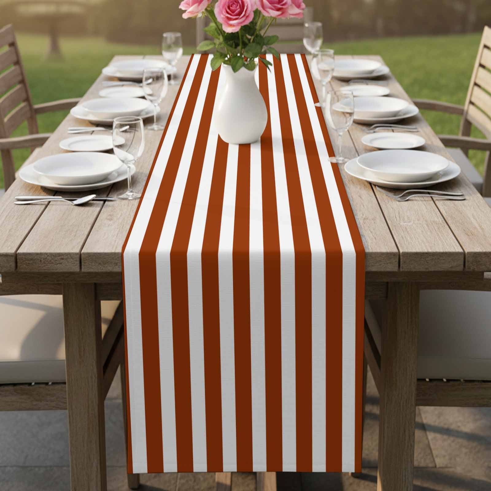 Burnt Orange Stripe Table Runner, Farmhouse Striped Abstract Art Washable Cotton Linen Table Runners 60 Inches Long, Dresser Scarf Runner for Coffee/TV Stands/Kitchen/Cabinets 13''x60''