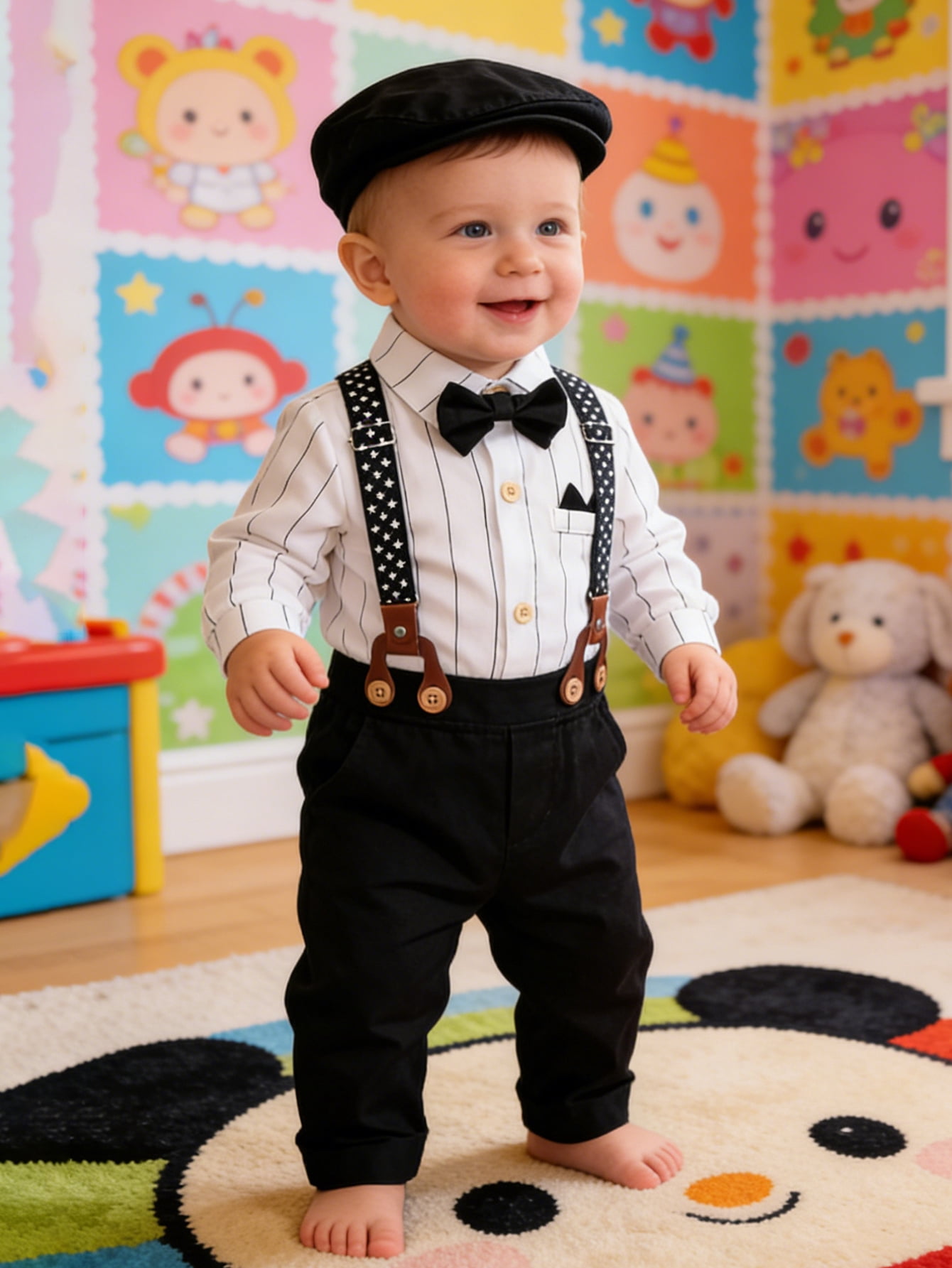 CARETOO Baby Boy Clothes Infant Formal Dress Outfit Set Romper Shirt Bowtie Beret Suspender Trousers 0-24M 4Pcs Church Wedding Baptism Suit Cotton Fabric