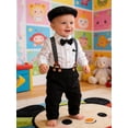 thumbnail image 2 of CARETOO Baby Boy Clothes Infant Formal Dress Outfit Set Romper Shirt Bowtie Beret Suspender Trousers 0-24M 4Pcs Church Wedding Baptism Suit Cotton Fabric, 2 of 11
