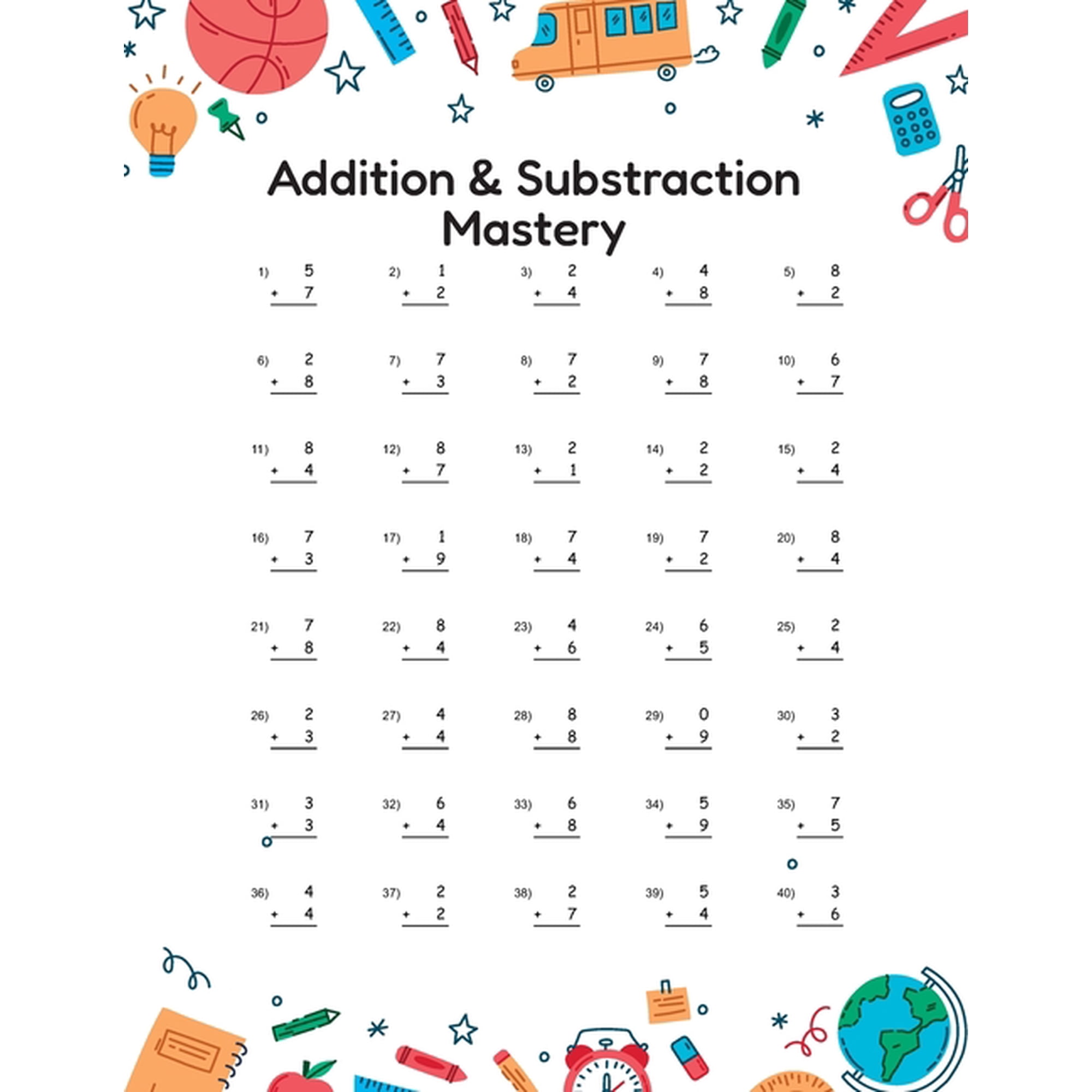 Addition and Substraction Mastery: Math Drill pratice for kids grade 1 - 3, (Paperback)