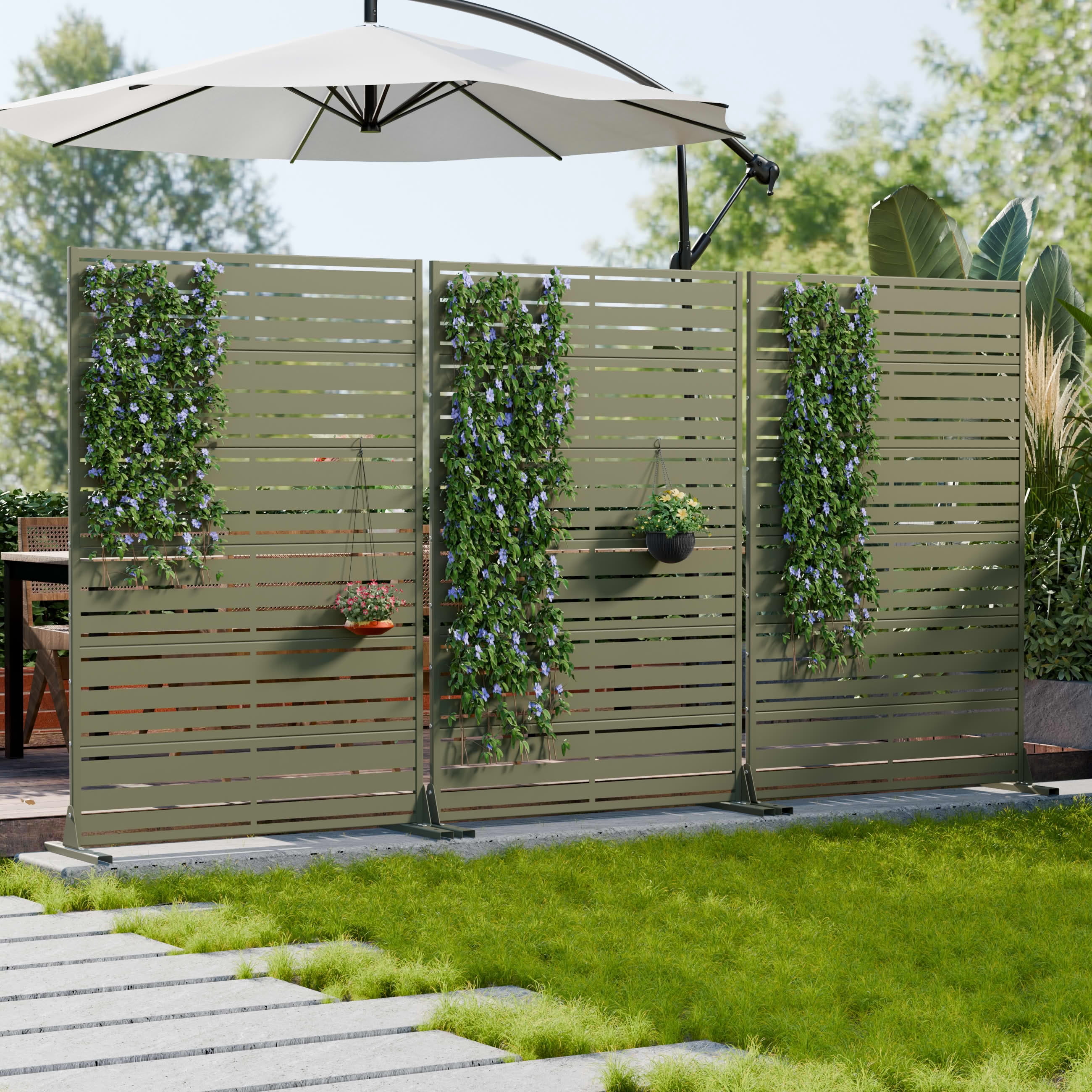MAYEERTY Outdoor Metal Privacy Screen 6ft × 4ft Olive Gray, 6-Panel Wide-Narrow Louvered, Weatherproof Easy Install for Patio
