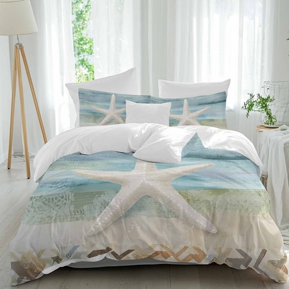 3 Piece Coastal Beach Duvet Cover Set Twin Size, Microfiber Comforter/Quilt Cover with Corner Ties and 2 Pillowcases, Summer Retro Starfish Wave All Season Soft Bedding with Zipper Closure
