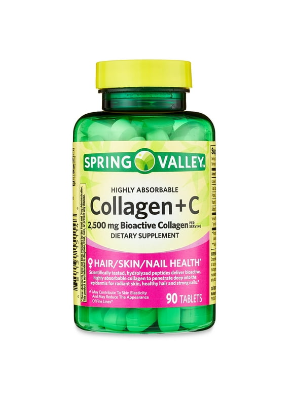 Spring Valley Highly Absorbable Collagen + C Tablets Dietary Supplement, 2,500 mg, 90 Count