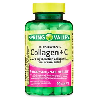 Spring Valley Highly Absorbable Collagen + C s Dietary Supplement, 2,500 mg, 90 Count
