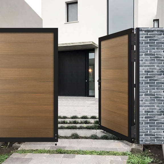 Mondaria Wood Plastic Privacy Double Fence Gate 6ft(H) x 8ft(W), Metal Frame with Knob Kits, Durable Composite Outdoor Gate,Brown