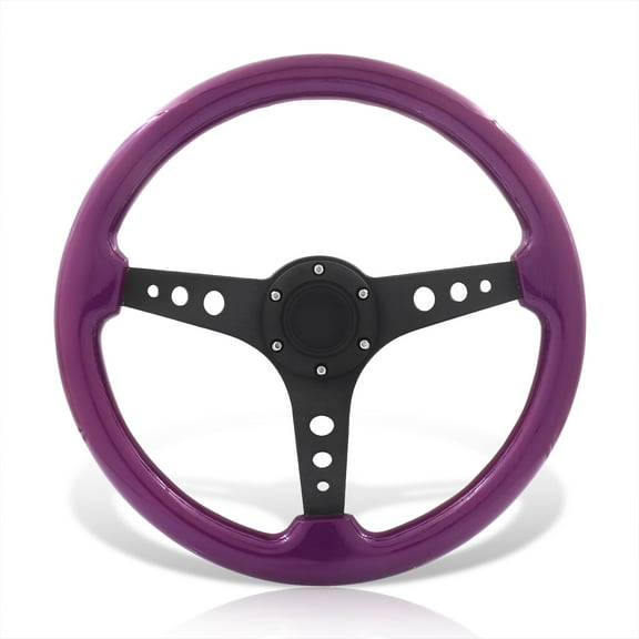 AJP Distributors Universal 350mm 14" 6 Bolts Holes Heavy Duty Aluminum Steering Wheel Purple Wood Grain Black Deep Dish 3 Spokes Light Weight   Horn Button Replacement JDM VIP Sport
