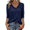 thumbnail image 2 of YOIAVAIOY Women Solid V Neck Tops 3/4 Sleeve Loose Fit Shirts Business Dressy Casual Tops Navy M, 2 of 9