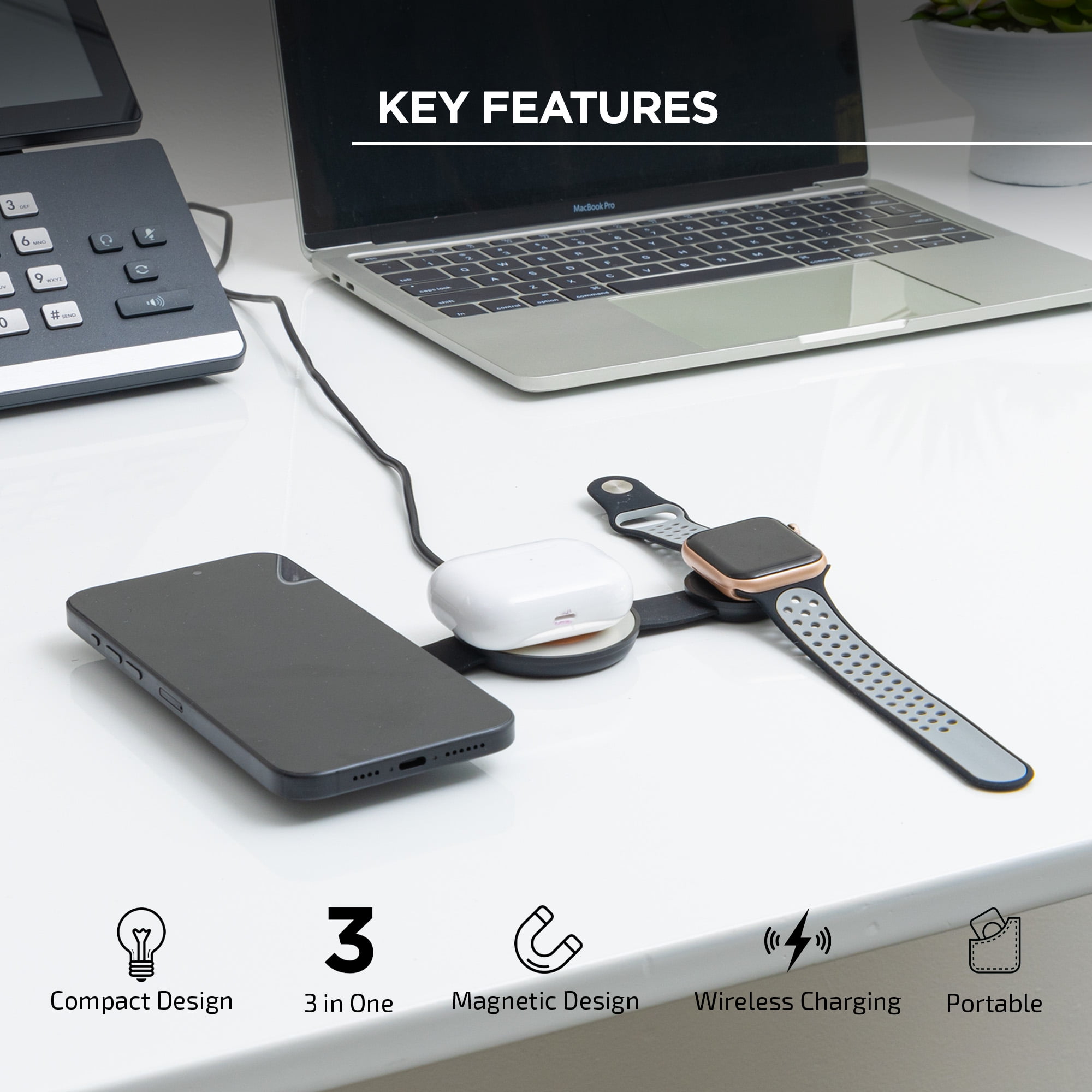 Merkury Innovations 3-in-1 Wireless Charging Station, Fast Magnetic Charger for iPhone, AirPods & Apple Watch, Portable Design
