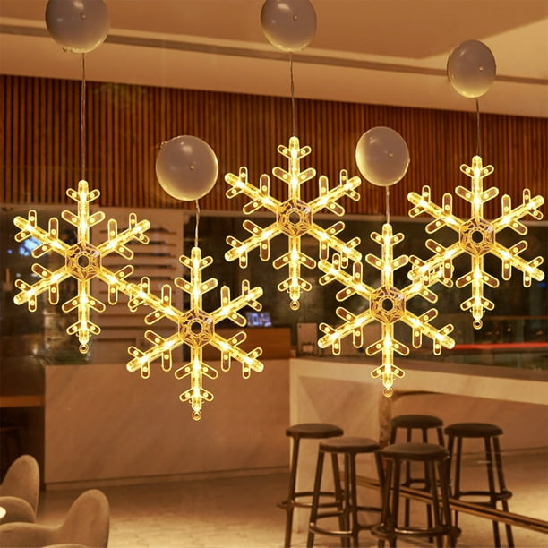 Decoración Navideña con Luz Led y Gancho de Ventosa, Árbol de Navidad, Copo de Nieve, Muñeco de Nieve, Funciona con Pilas, para Interior, Dormitorio, Escaparate, Luces Navideñas, Blanco Cálido