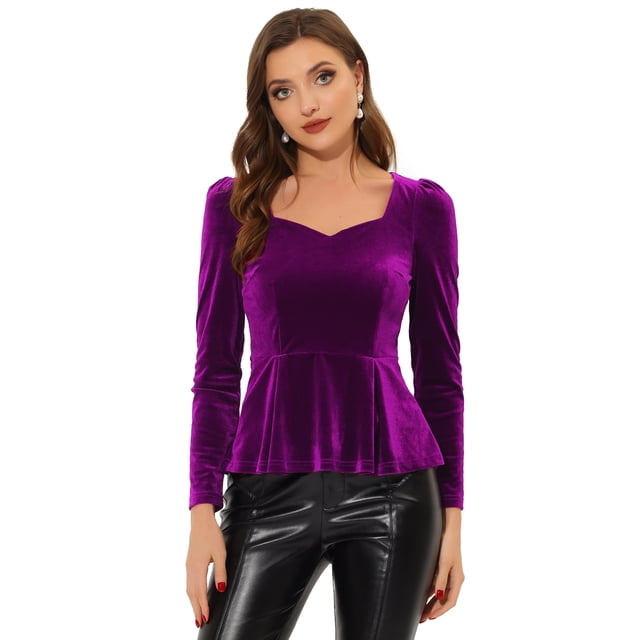 Blusa de terciopelo para mujer, elegante, con escote corazón, manga larga, top peplum Púrpura XL