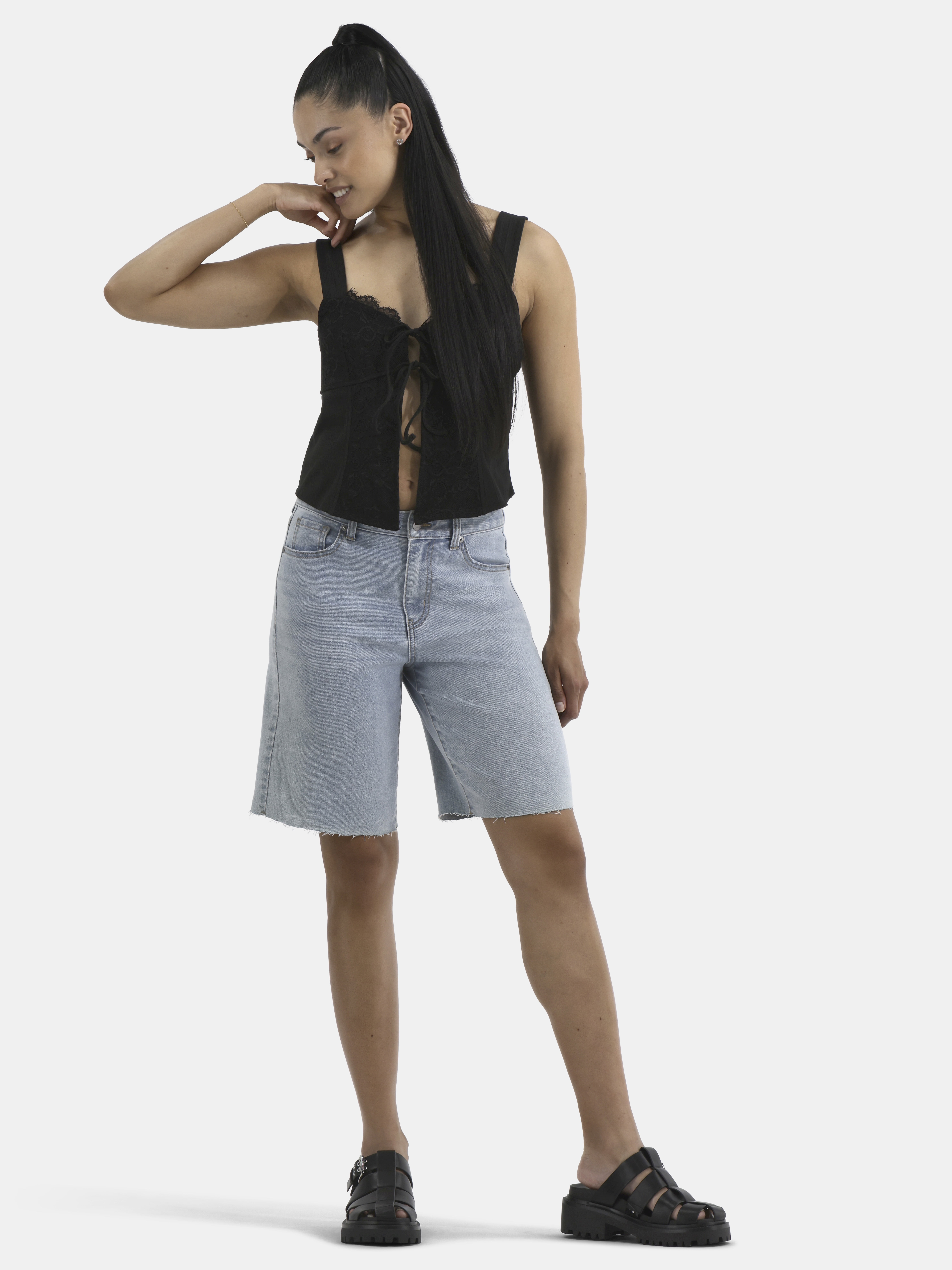 No Boundaries Flyaway Tie-Front Top with Scallop Lace Trim, Women's