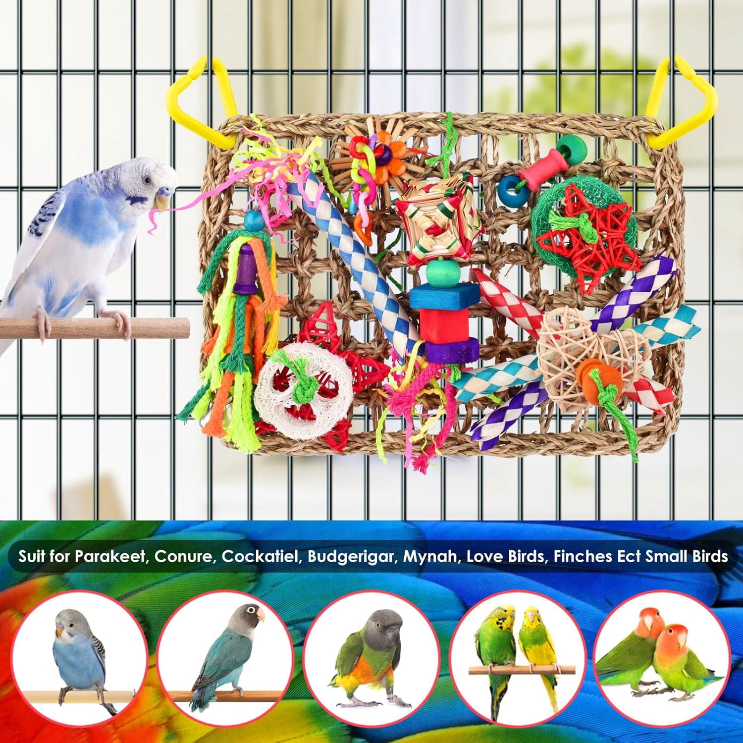 Bird Toys, Bird Foraging Wall Toy, Edible Seagrass Woven Climbing Hammock Mat with Colorful Chewing Toys, Suitable for Lovebirds, Finch, Parakeets, Budgerigars, Conure, Cockatiel