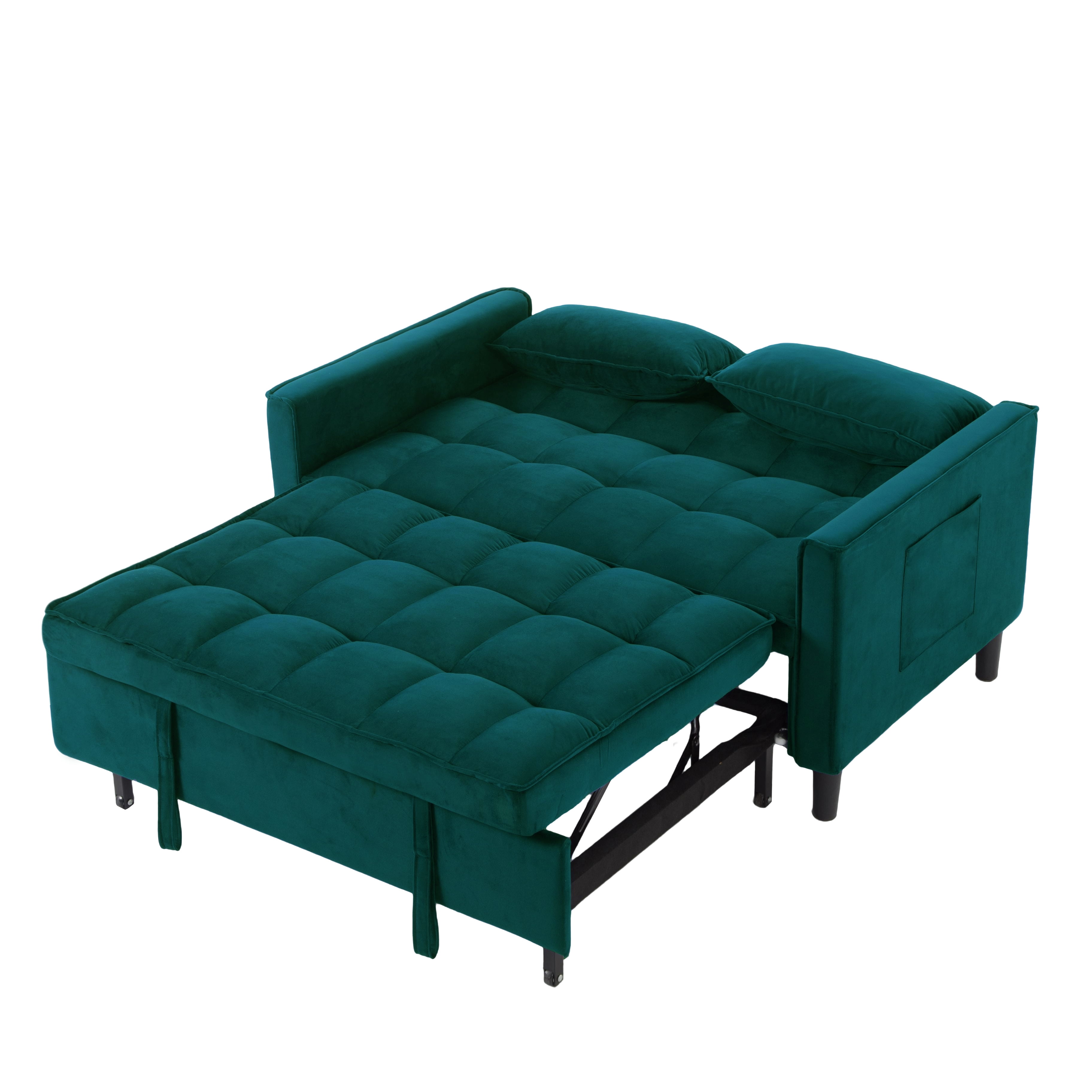 BSHTI 53.94" Pull-Out Sleeper Sofa Bed with Velvet Upholstery, 3-Position Reclining Back, Solid Wood Frame for Apartment/Office（Turquoise）