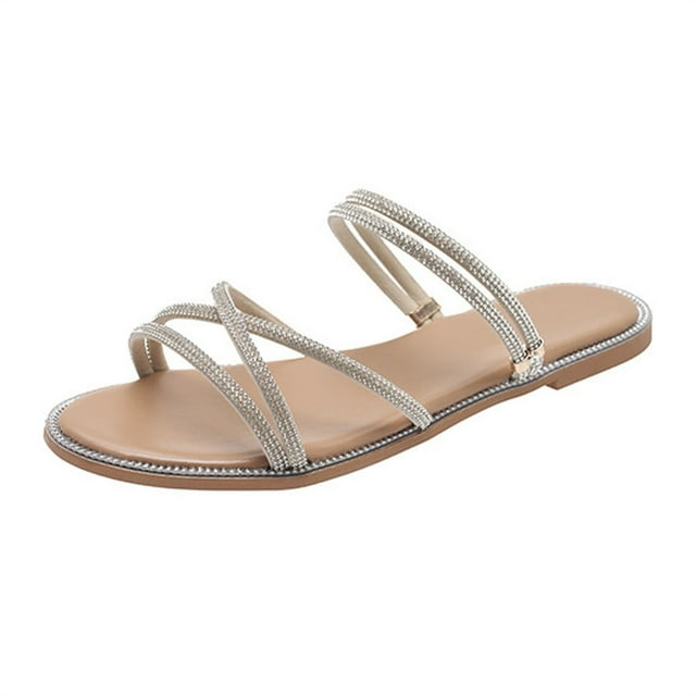 NOKIO Pantoufles Plates pour Femmes Décorées de Strass, Sangle Réglable Chaussures d'Été Décontractées Respirantes Semelle Antidérapante pour Intérieur Extérieur