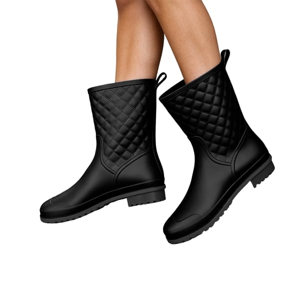 DeHolifer Womens Rain Boots Mid Calf Waterproof Pull On Footwear Low Block Heel for Gardening Rainy Outdoor