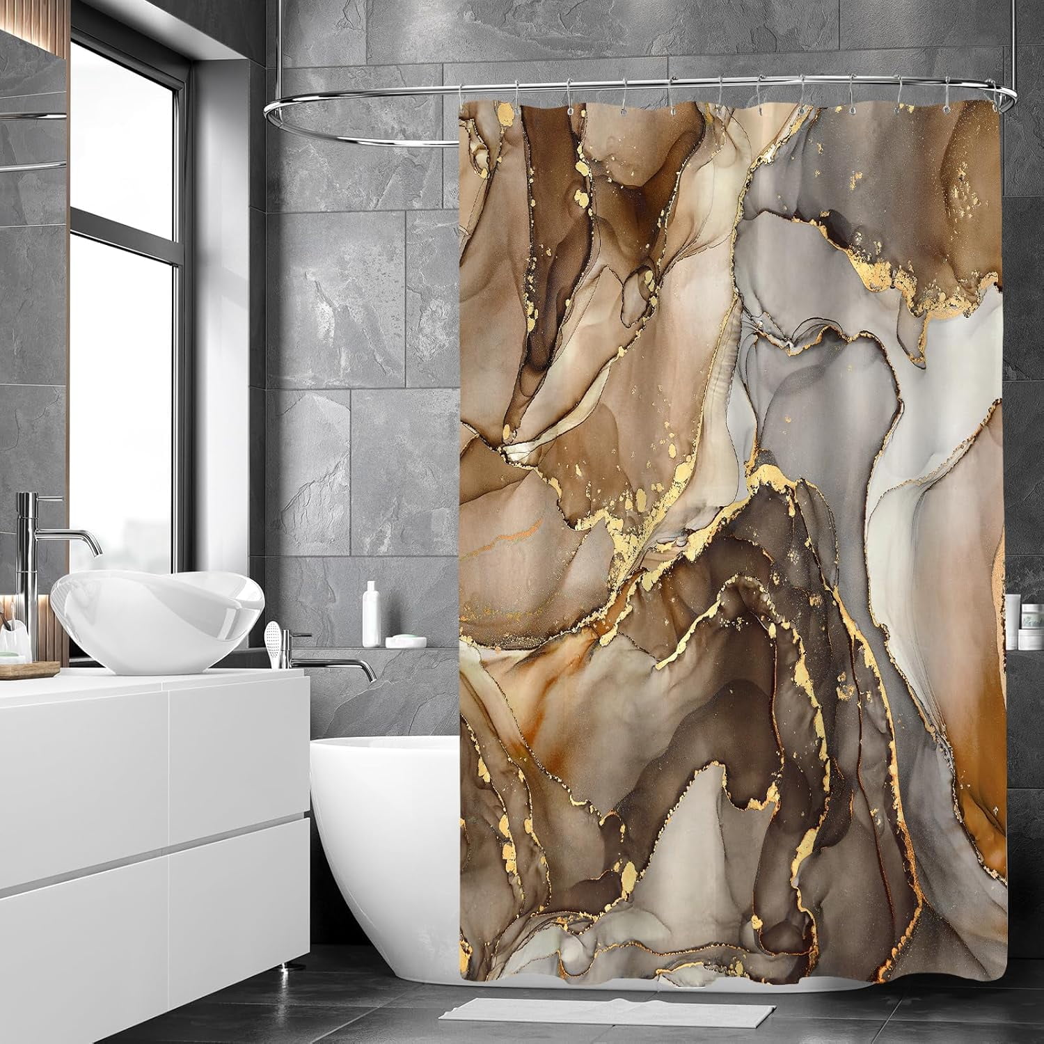 Brown Marble Shower Curtain, Modern Abstract Fabric Shower Curtain for Bathroom, Luxury Art Decor Brown Gold Ink Texture Watercolor Shower Curtain Set with Hooks 72"W x 84"L (Pack of 1)