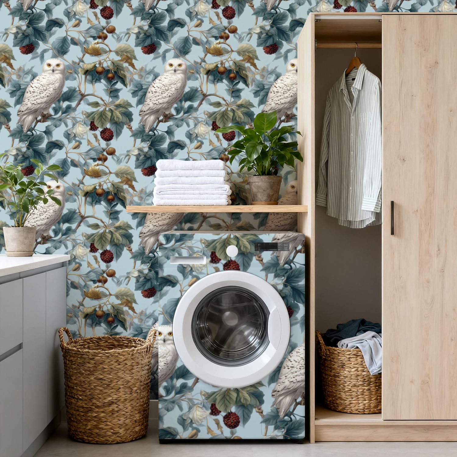 Peel and Stick Wallpaper Snowy Owl perched among foliage vibrant berries Wall Mural 17.7in x 9.8ft Self Adhesive Removable Wall Paper Renter Friendly Wallpaper for Nursery Bedroom Cabinets