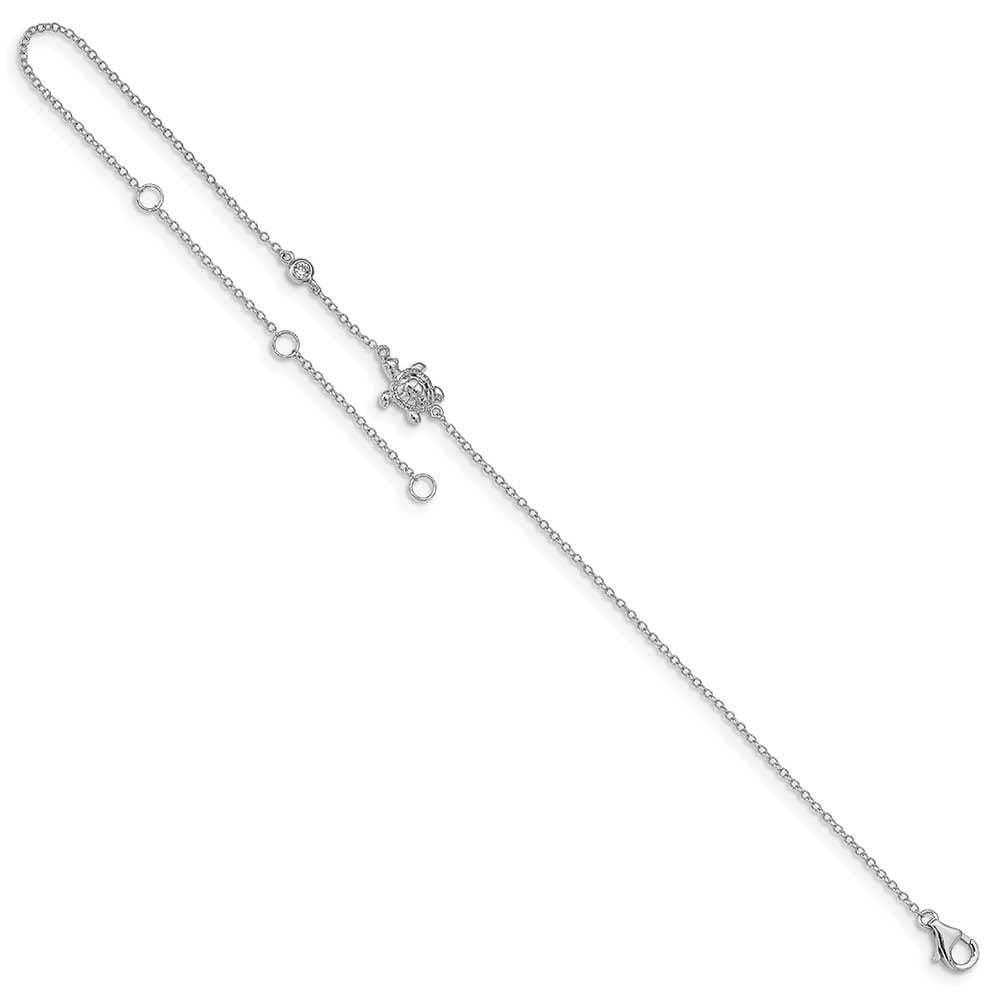 Sterling Silver Rhodium-plated CZ Turtle 9" Plus 2" Ext Anklet