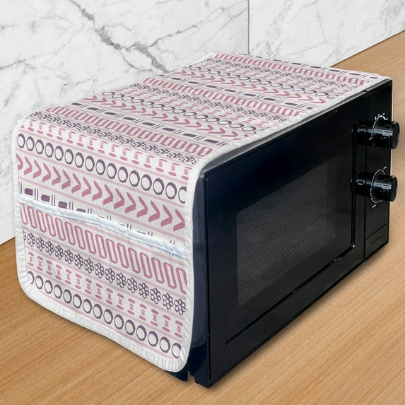 Striped Microwave Oven Cover, Prehistoric Shapes with Flowers Circles Folk Culture Inspired Trippy Motif, Water Resistant Organizer with Pockets for Kitchen, 36" x 12", Pink Purple, by Ambesonne