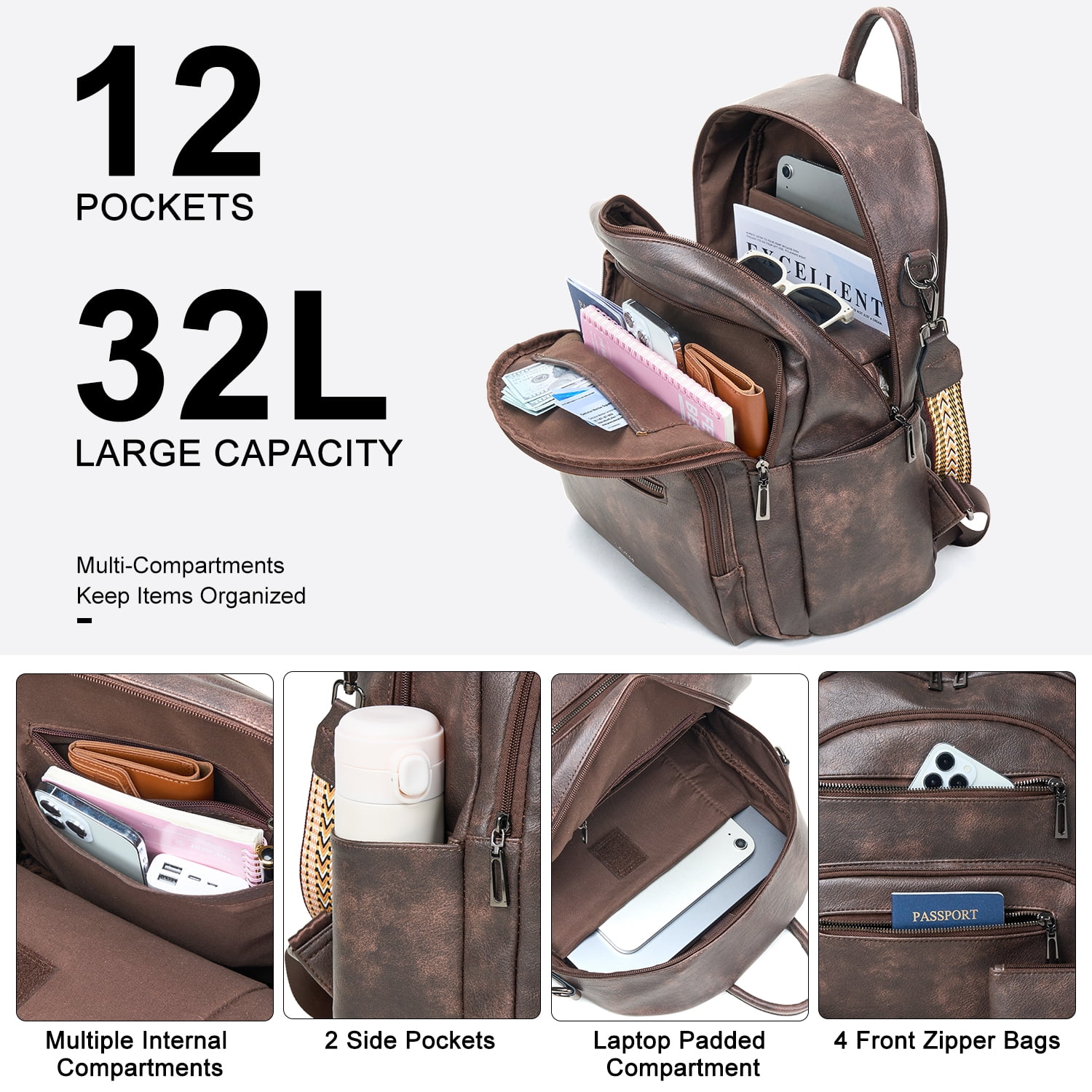 Backpack Purse for Women, Leather Vegan Ladies Fashion Designer Rucksack Convertible Travel Shoulder Bag Teacher College Daypack Work Handbag fits 14" Laptop-Coffee