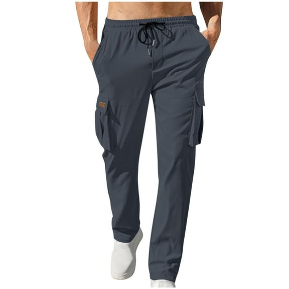 FDGIU Men's Baggy Cargo Pants - Straight Leg Twill Work Pants, Elastic Drawstring Waist for Outdoor Casual Wear